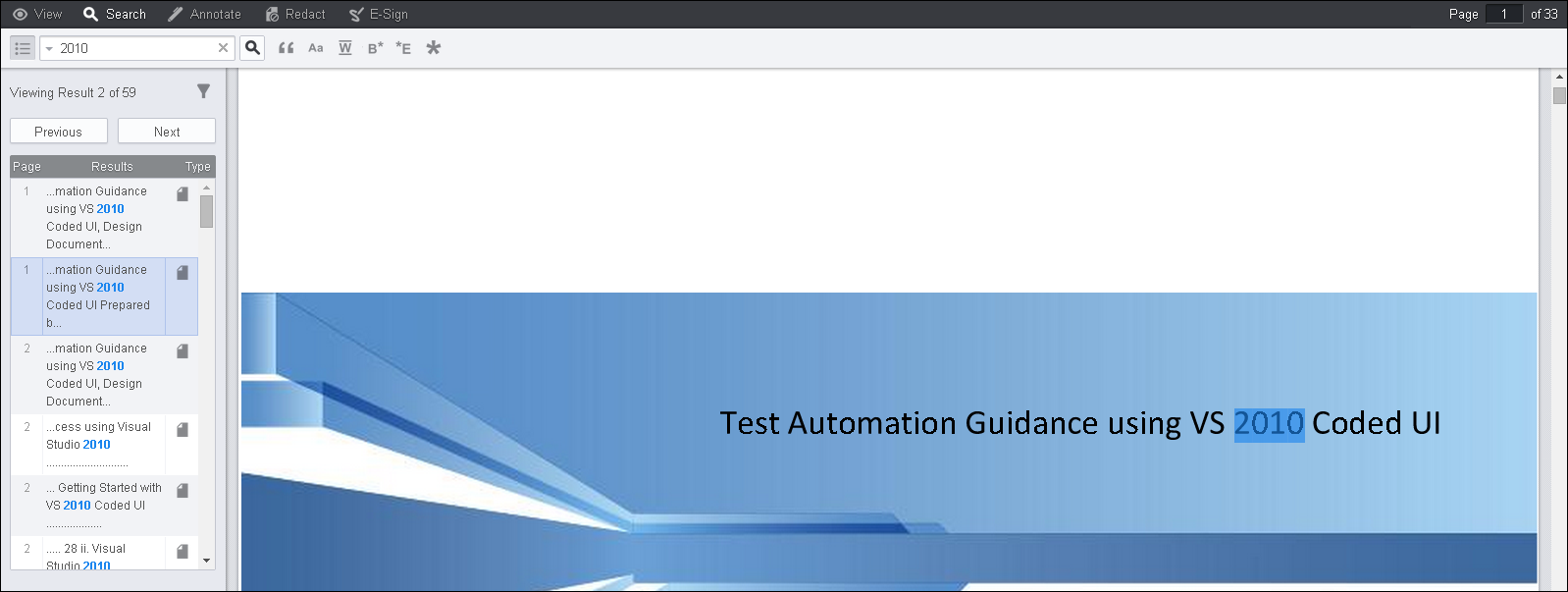 Search Patterns, Filters & Document Review Features